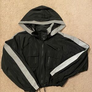 Forever 21 Black Hooded Windbreaker with Gray Reflective Stripes